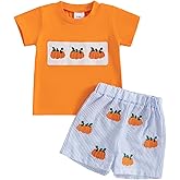 Karuedoo Halloween Toddler Baby Boy Outfit Pumpkin Embroidery Smocked Short Sleeve T-Shirt and Plaid Shorts Set Fall Clothes