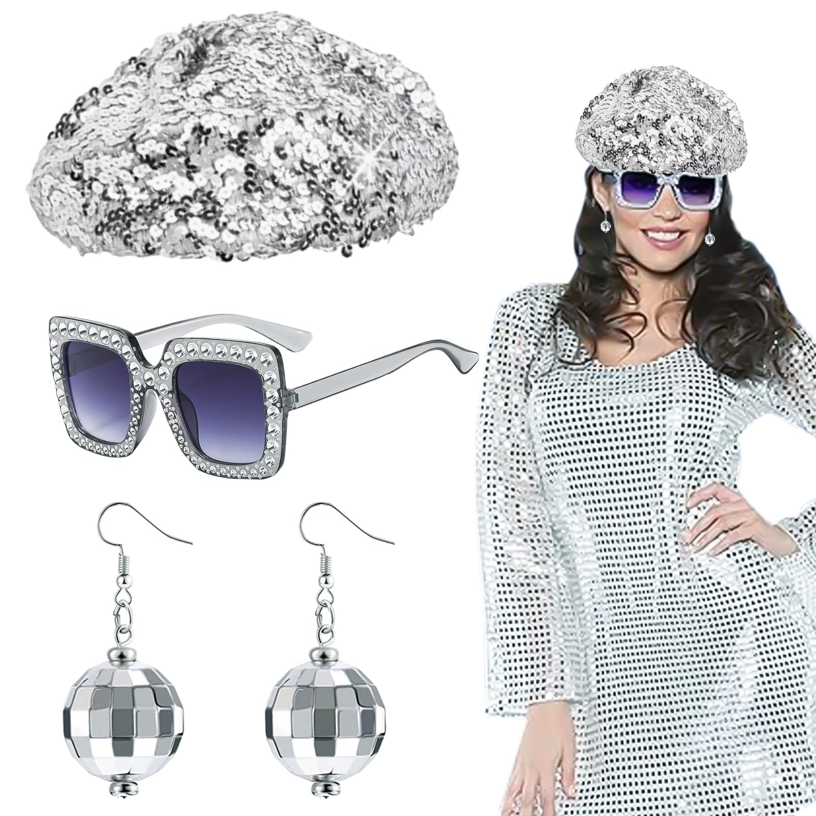 EUPSIIU 3 Pieces 70s Silver Disco Hat for Adult Disco Costume Glitter Abba Sequin Beret Hat Earrings Square Bling Sunglasses Retro Disco Fancy Dress Up for Women Girls Theme Halloween Party (Silver)