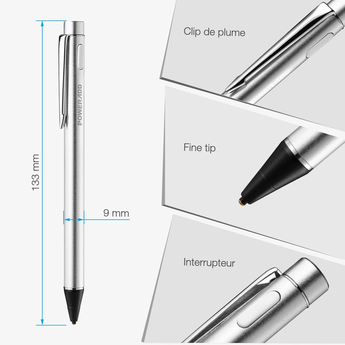 Poweradd Stylus Actif, Haute Précision Stylo Capacitif Universel pour les Appareils iOS / Android / Microsoft à Ecran Tactile, Argent