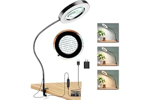 HITTI 10X Large Lens Magnifying Glass with Light and Clamp, 3 Color Modes Stepless Dimmable Lighted Magnifying Lamp, Flexible Gooseneck LED Magnifier with Stand for Craft Hobby Reading Close Work