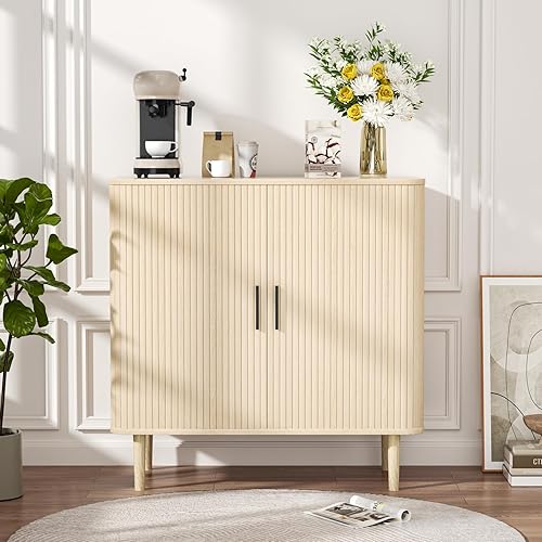 AKMAKM 31" Buffet Cabinet Oak | Modern Storage Sideboard with Sliding Fluted Doors, Accent Console Cabinet for Coffee Bar, Kitchen, Entryway & Living Room