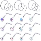 Vsnnsns 18G 20G 22G Nose Rings Studs Piercing Jewelry for Women 316L Surgical Stainless Steel L Shaped Corkscrew Straight Opal CZ Nose Rings Hoops Nostril Piercing Jewelry for Women Men Silver Gold