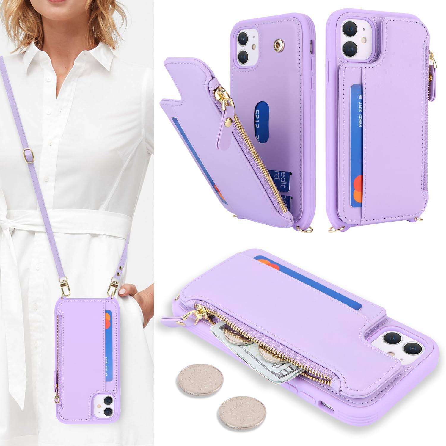 SailorTech for iPhone 11 Phone Case with Credit Card Holder for Women, iPhone 11 Leather Case Wallet Crossbody with Credit Card Slots Zipper Shockproof Case for Men - Purple