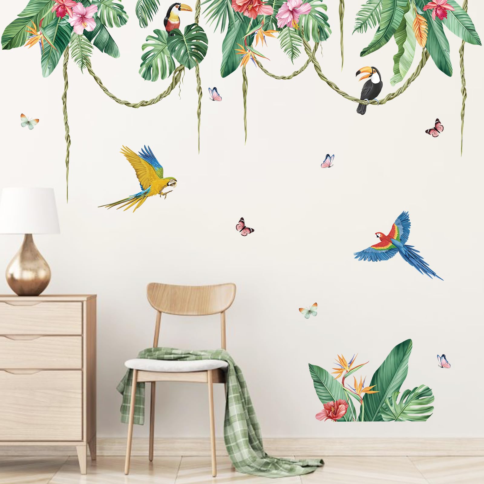 decalmile Tropical Leaves Wall Decals Green Plants Hanging Vines Flower Wall Stickers Living Room Bedroom Office Wall Decor