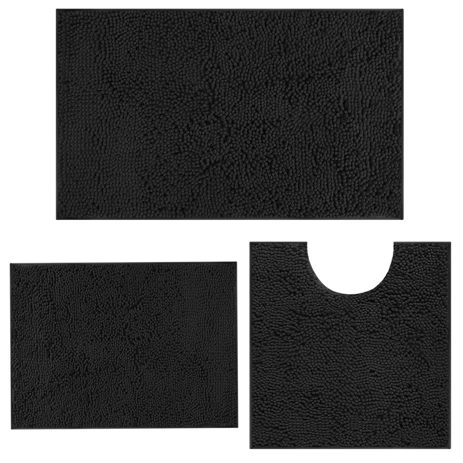 MEGAROOM Non Slip Chenille Bath Mat Sets 3 Pieces - Soft and Anti Mould Bath Mats for Safety and Comfort - Water Absorbent and Quick Drying - Bathroom Carpets Set with U-Shaped Toilet Mat（Black）