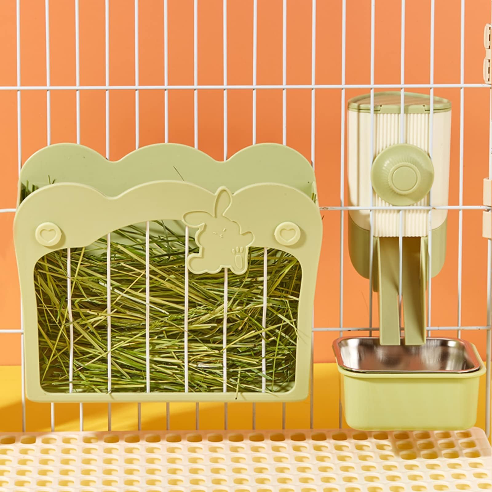 Photo 1 of Rabbit Hay Feeder, 3-in-1 Feeding Set with Food Bowl and Hanging Funnel for cage, Hay Rack for Bunny Guinea Pig Chinchilla (Green)