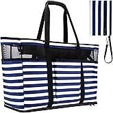 TEUEN Large Beach Bag with Zipper, 12 Pockets Waterproof Sandproof Pool Bag Womens Mesh Beach Tote Bag for Travel Vacation