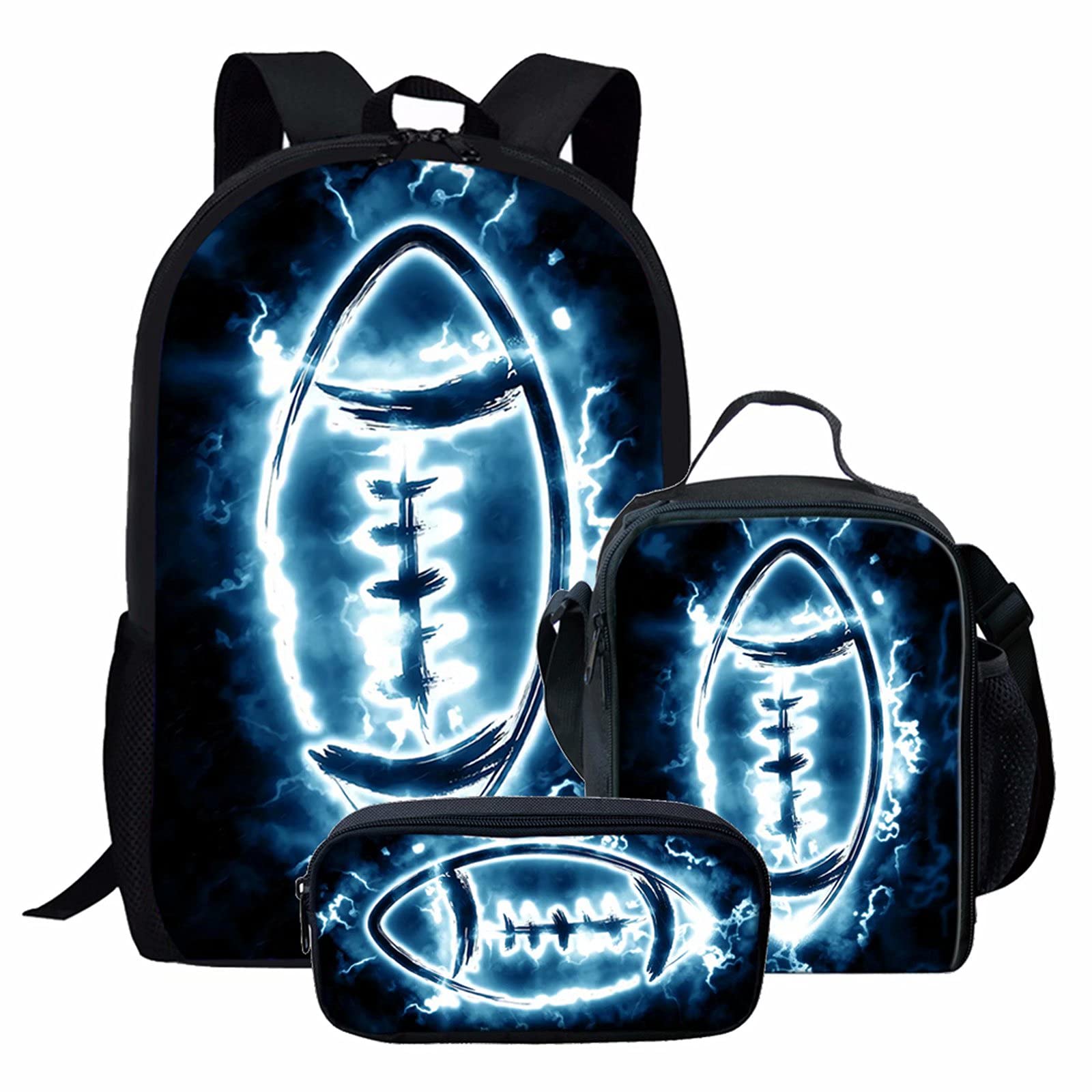 NETILGEN Backpack Lightning Rugby 3 Piece School Set with Lunch Bag, Pencil Case,Casual Basic Boys Rucksack Casual Daypack