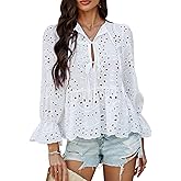 VOROFY Women's Tie Front Peplum Blouses Puff Long Sleeve Babydoll Bow Shirts Hollow Out Eyelet Lace Tops