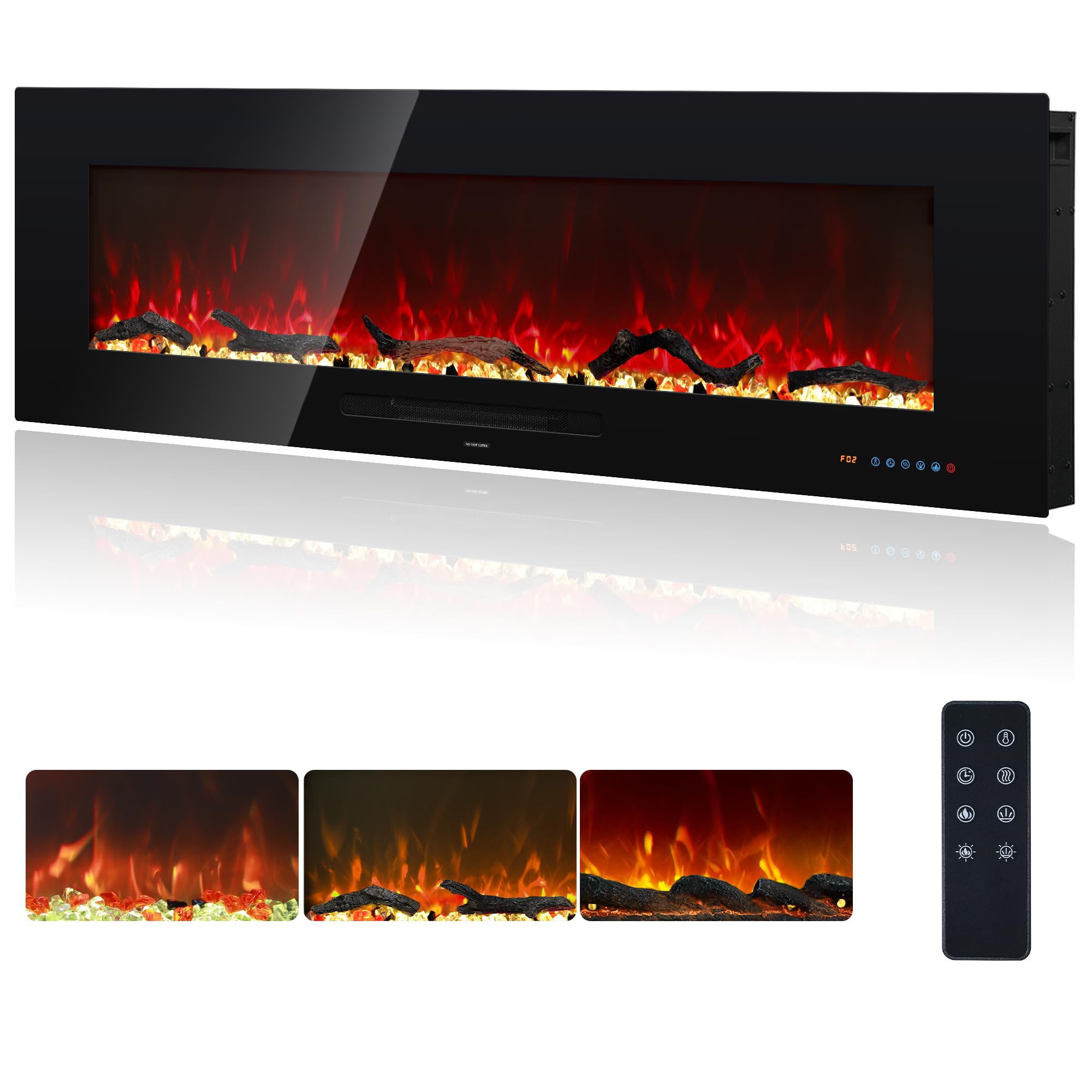 Photo 1 of Oxhark Flame 60 inch Recessed and Wall Mounted Electric Fireplace, Remote Control and Touch Screen, Electric Fireplace Heater with Timer, Adjustable Flame Color, Black