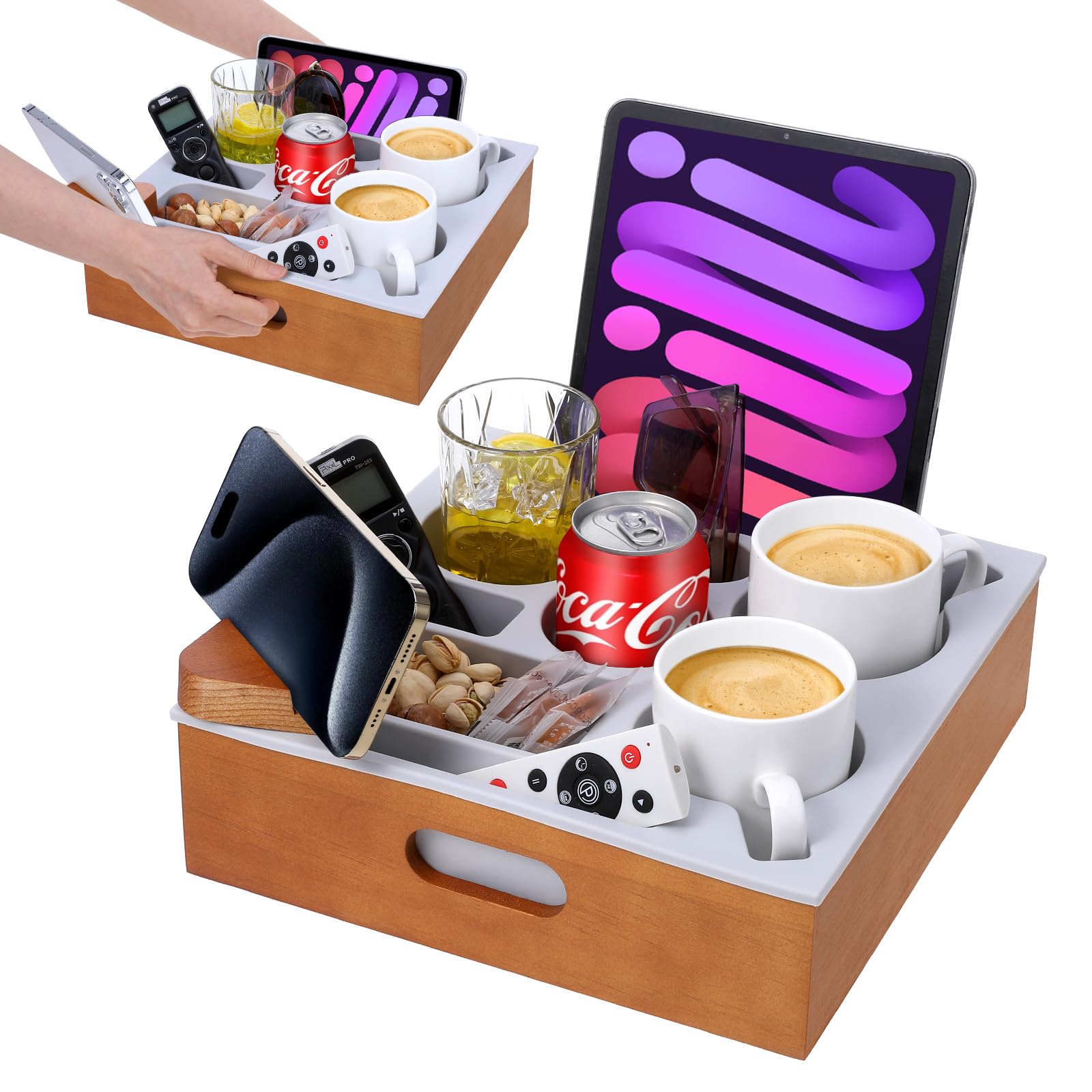 Photo 1 of *MINOR DAMAGE - USED*
Hanaoyo Couch Cup Holder Tray, Soft Silicone Wooden Couch Caddy with Carrying Handle, Sofa Cup Holder for Bed Car Beach Organizer, Anti-Spill Sofa Cup Holder for Snacks Beverage Remote (Brown)