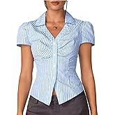 Womens Y2k Button Down Shirt Lapel V Neck Short Sleeve Blouse Striped Slim Fit Ruched Tops Split Front Tees Streetwear