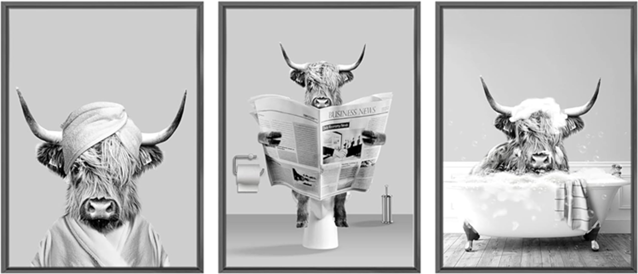 Set of 3 Posters Highland Cow Bathroom Posters, Pictures of Money Orangutans and Monkeys, Animal Black White Wall Art Prints, Frameless (Poster 02, 3 Pieces - 40 x 60 cm)