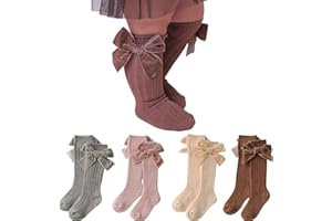 Merqwadd 4-Pack Baby Girls Knee High Socks Infants Toddlers Bow Knit Socks Cotton Tube Ruffled Stockings