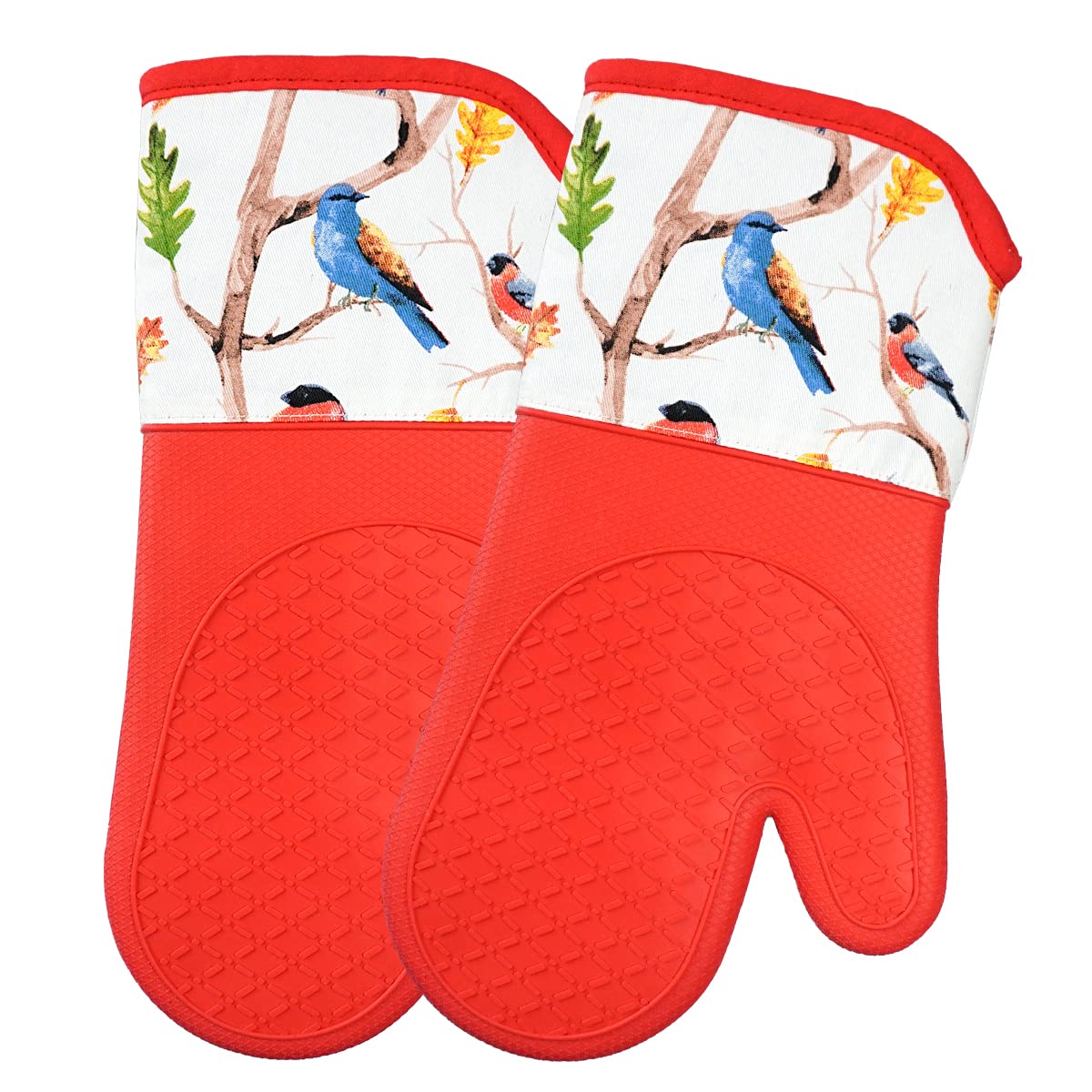 SiXsigma Sports Oven Gloves Heat Resistant Silicone Shell Waterproof - Quick Dry Oven Mitts for BBQ, Cooking, Baking And Grilling Set of 2 (Spring Birds, 33X17 CM)