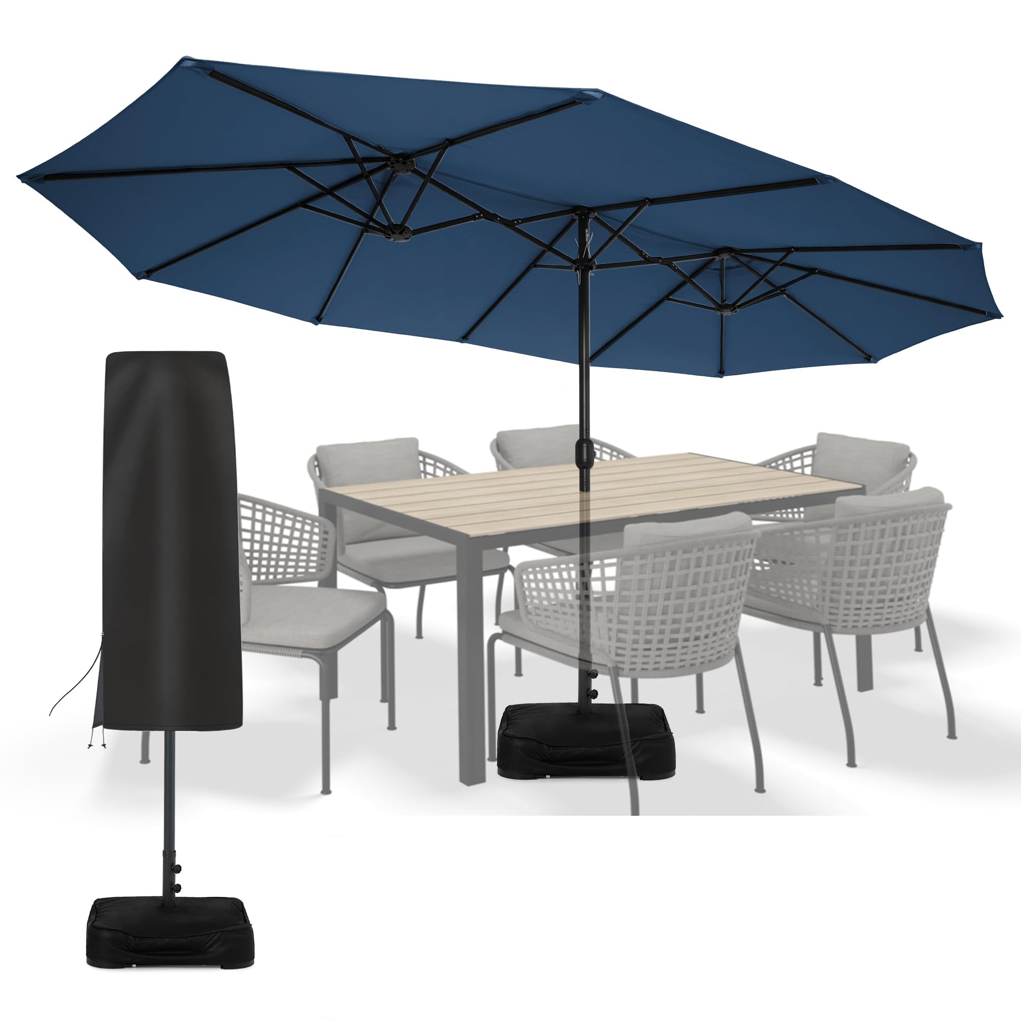 Photo 1 of Sundale Outdoor 15 ft Patio Umbrella with Sand Bag Base and Cover, Large Outdoor Double-Sided Umbrella, Navy
