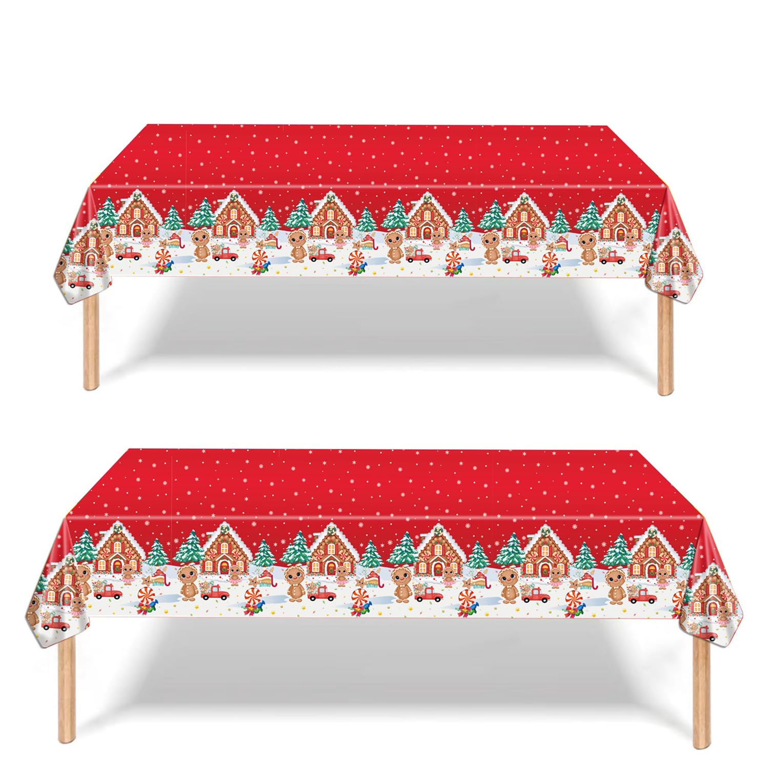 2 Pack Christmas Table Cloth, 137x274cm Rectangle Large Plastic Tablecloth Red Gingerbread Man Party Tableware Decor, Xmas Tablecovers for Winter Holiday Dinner
