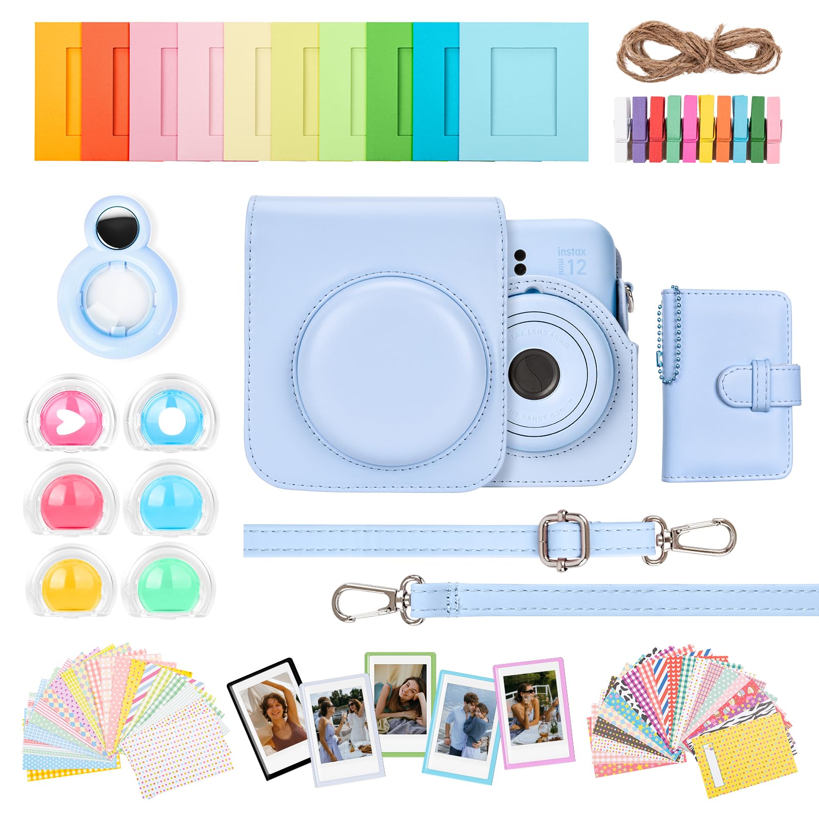HIYQIN 8 in 1- Camera Case and Accessories Compatible with Fujifilm Instax Mini 12, Mini 12 Case/Photo Album/Photo Frame & Stickers/Lens Filter/Selfie Mirror - Pastel Blue