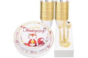 Hioasis 175pcs Thanksgiving Plastic Plates - Gold Plastic Dinnerware Set for 25 Guests - 50 Disposable Plates with Red Squirrel, 75 Gold Plastic Silverware, 25 Cups, 25 Napkins for Thanksgiving Party