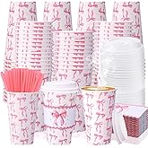 Jingmore 50 Set Bow Disposable Coffee Cups with Lid and Sleeves Hot Chocolate Drinking Cups for Valentine's Day Mother's Day Wedding Birthday Baby Shower Party Supplies