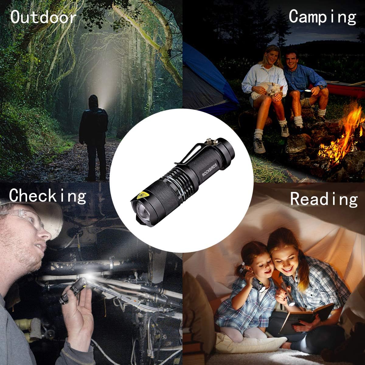2 Pack Flashlights, ROCKBIRDS LED Flashlight with Belt Clip, Fluorescent Ring, Zoomable, High Lumen, 3 Modes, Water Resistant- Best Tools for Camping, Outdoor, Emergency - - 