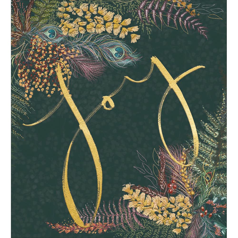 Woodmansterne Artistic Charity Christmas Cards - 'Joy' Peacock Feathers & Foliage with Foil Details - Eco-Friendly & Recyclable - Pack of 5 Cards