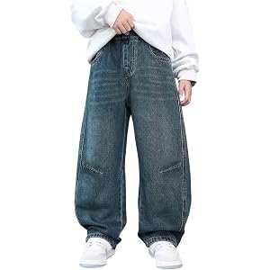 Fvnbvrst Boys Baggy Jeans Youth Wide Leg Barrel Denim Pants with Pockets