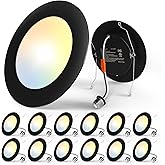 Amico Recessed Lighting 5/6 Inch, 12 Pack 5CCT Flat LED Can Lights, 2700K/3000K/4000K/5000K/6000K Selectable,12W Eqv 110W, 1050LM Brightness, Retrofit Installation - ETL & FCC, Black
