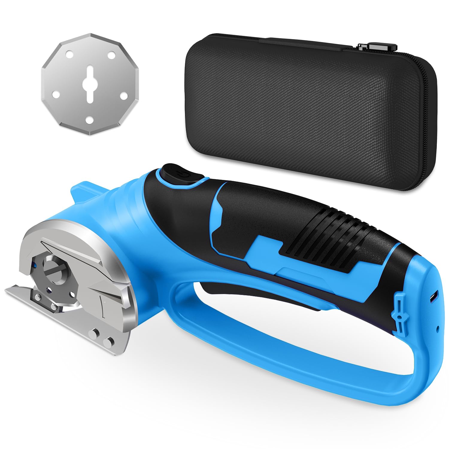 Photo 1 of Cordless Electric Scissors, 4V Rechargeable Box Cutter & Cardboard Cutter with LED Light, Safety Lock - Rotary Cutter for Fabric, Leather, Carpet, Plastic, Crafting, Sewing with Storage Box (Blue)