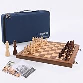 Ajedrez 15" Walnut Magnetic Wooden Chess Set with Blue Board Protection Bag | Includes 2 extra queens, handcrafted pieces, blue bag protects board surface,folding portable travel game for gifts