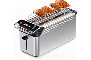 WHALL Long Slot 4 Slice Toaster, Touch Screen Toasters with Projection Display, 1.5" Wide Slot, 5 Bread Types & 11 Shade Sett