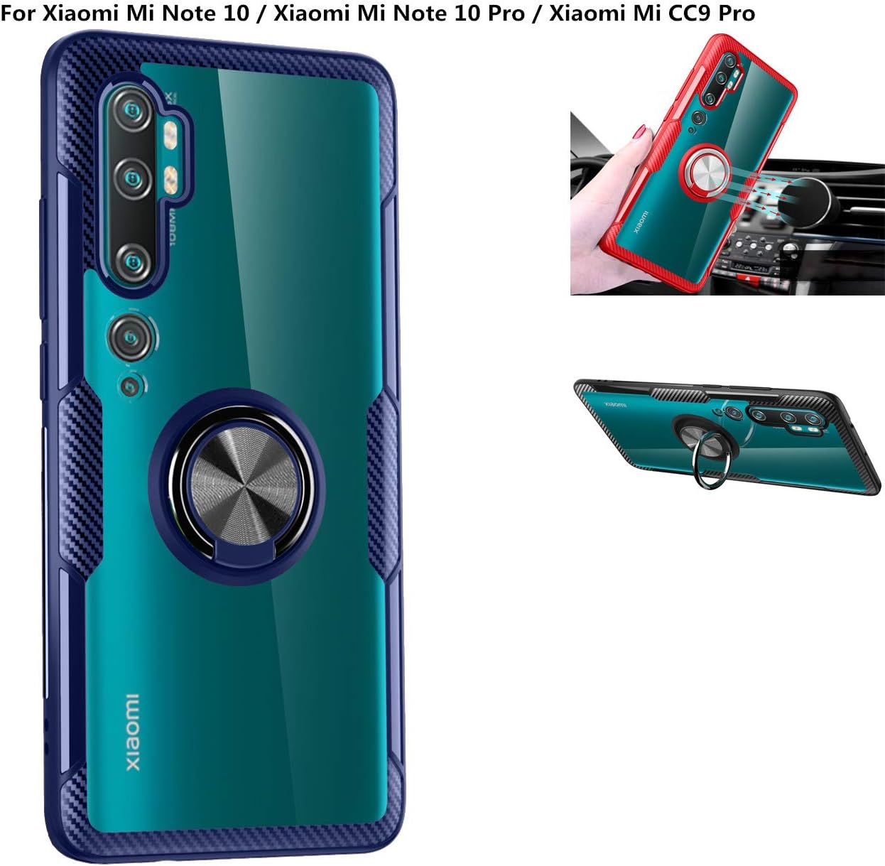 Xiaomi Mi Note 10 Case,Silicone Shockproof TPU+PC,Transparent Tempering Protection Cover,360° Rotating Metal Ring Kickstand,car Holder case,for Xiaomi Mi Note 10/Xiaomi Mi Note 10 Pro (Blue/Black)