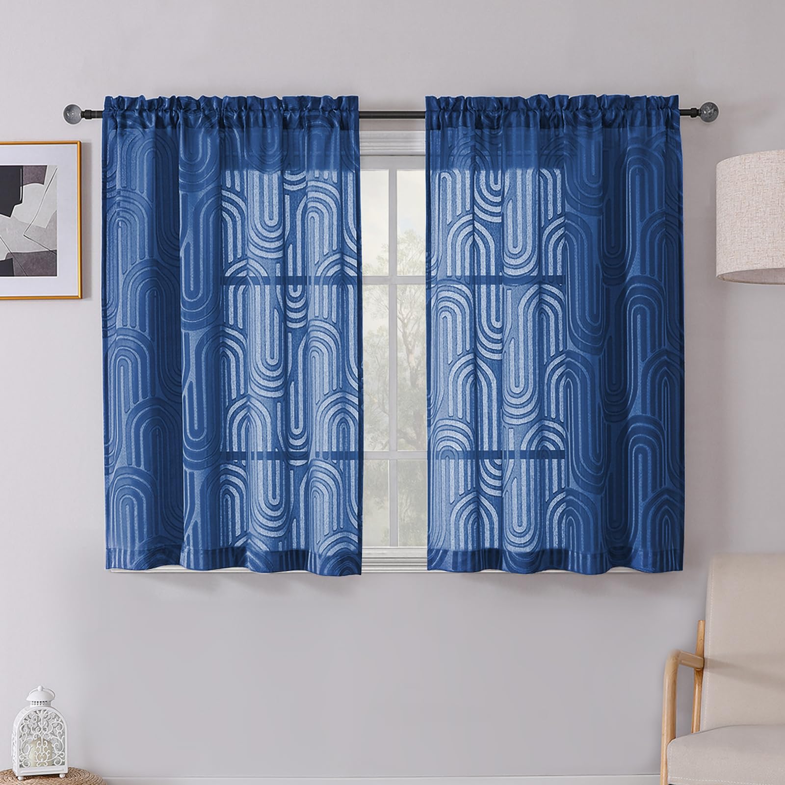 Photo 1 of Simplebrand Dusty Blue Sheer Curtains, 42W x 54L Inches, 2 Panels, Geometric Mid Century Jacquard Clip, Light Filtering, Rod Pocket, Modern Style, Bedroom & Living Room