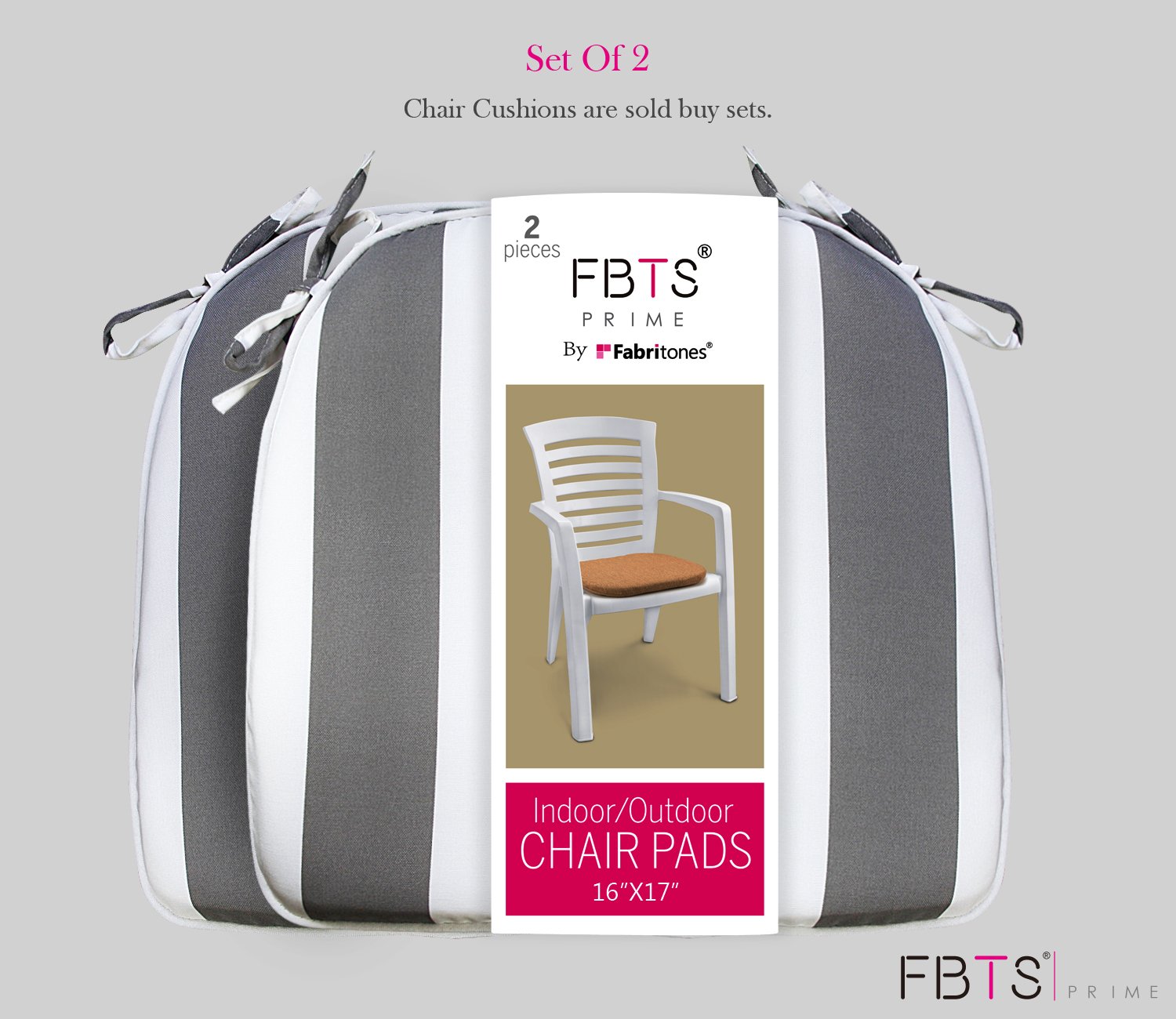 Fbts Prime Outdoor Chair Cushions Set Of 2 16x17 Inches Patio Seat Cushions Grey And White Stripe Square Chair Pads For Outdoor Patio Furniture Garden Home Office Garden Outdoor