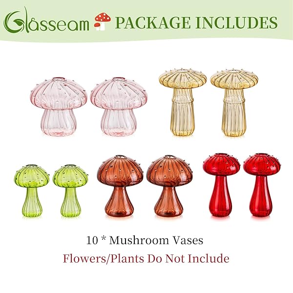 GLASSEAM MUSHROOM PROPAGATION VASE, COLORED FLOWER VASES DECORATIVE SET OF 10, UNIQUE SMALL GLASS VASES FOR FLOWERS,AESTHETIC MINI CUTE VASE DECOR, HYDROPONIC BUD VASE FOR BEDROOM BATHROOM KITCHEN