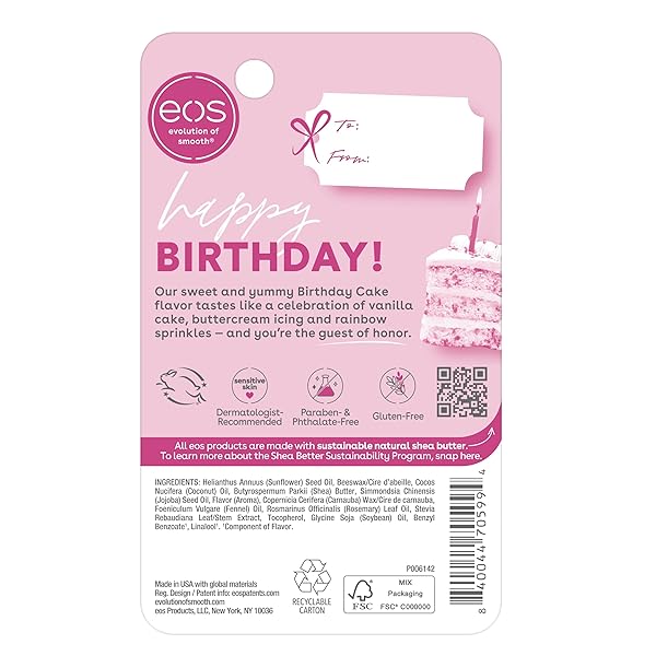 EOS NATURAL SHEA LIP BALM- BIRTHDAY CAKE, ALL-DAY MOISTURE LIP CARE PRODUCTS, 0.14 OZ