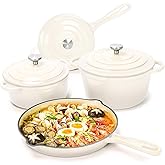 Hisencn Enameled Cast Iron Cookware Set - 7-Piece Ceramic Coated Cast Iron Cookware Set, Dutch Ovens, Sauce Pan, Skillet, 3 Lids, Heavy Duty Cookware, Gas/Induction Compatible, PFA Free, Cream White