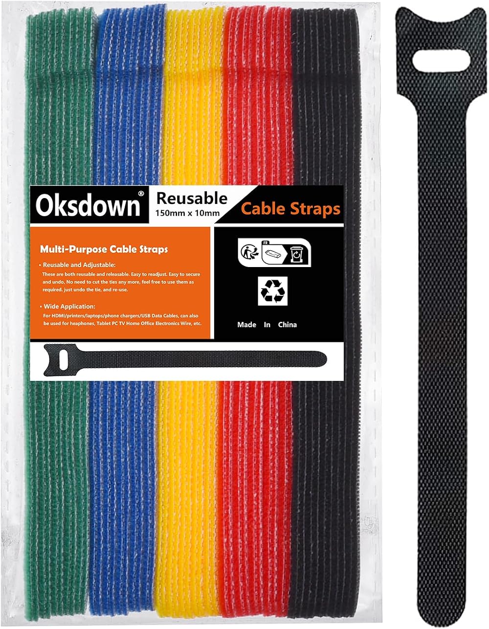 Oksdown 50 Pack Reusable Cable Ties 5 Color Hook and Loop Cable Management