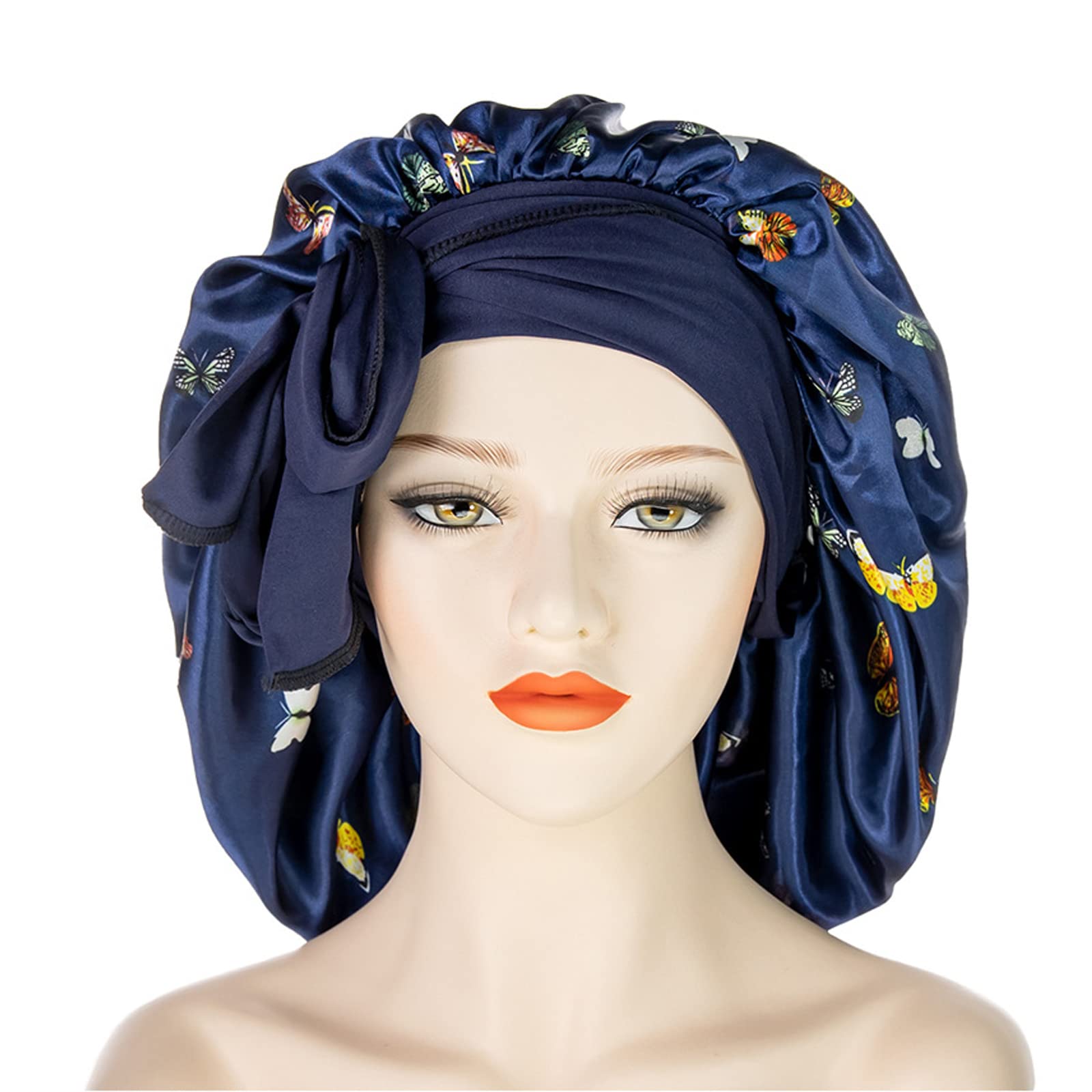 MUFEKUM Satin Bonnet with Stretchy Tie Band Edge Wrap, Wide Band Silk Night Sleep Cap for Women Girls Hair Care and Sleep (Navy)