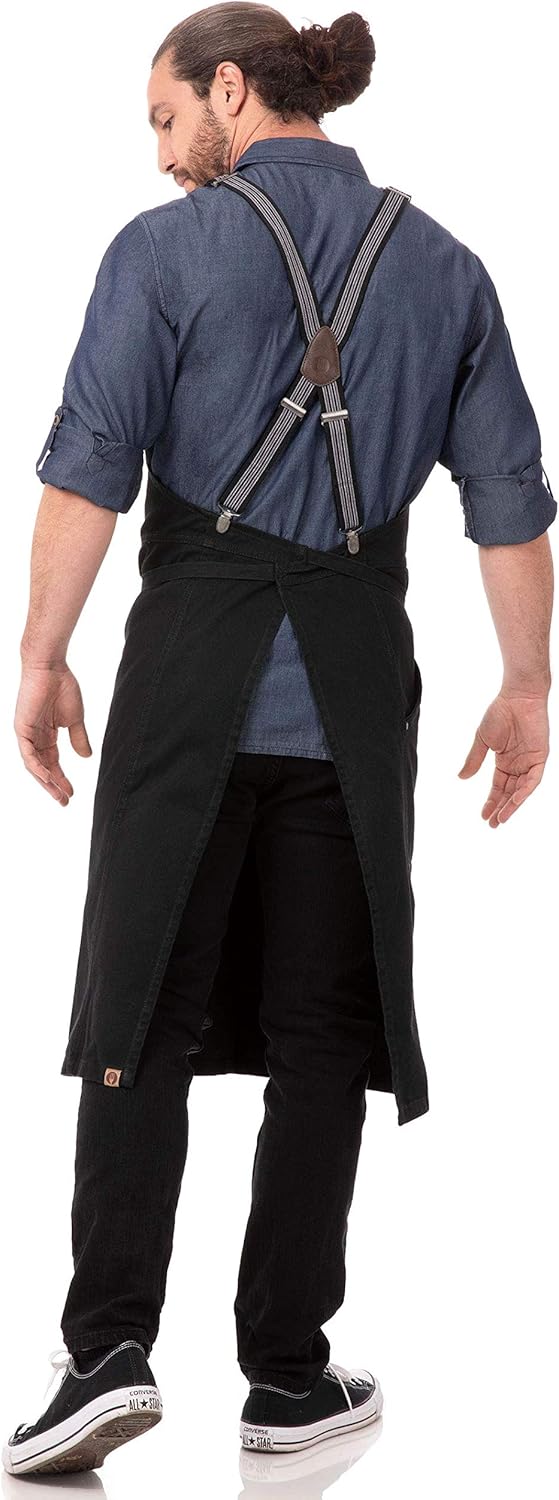 Chef Works unisex adult Berkeley Chefs Bib Work Utility Apron, Jet Black W/Black/Gray Suspenders, One Size US: Clothing
