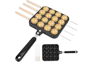 Takoyaki Pan, 16 Holes Nonstick Takoyaki Maker with Fork, Poffertjes Pan with Hanging Handle, Easy to Clean Baking for Poffer