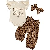 Aunties Bestie Baby Girl Clothes Aunt Saying Letter Embroidery Ruffle Romper Leopard Pant Headband 3Pcs Summer Outfit