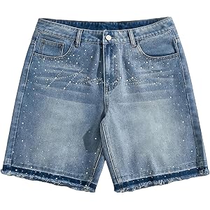 VIPWOLF Men's Jorts Y2k Sparkly Rhinestone Jean Shorts Summer Cruise Outfits Vintage Raw Trim Bermuda Denim Shorts