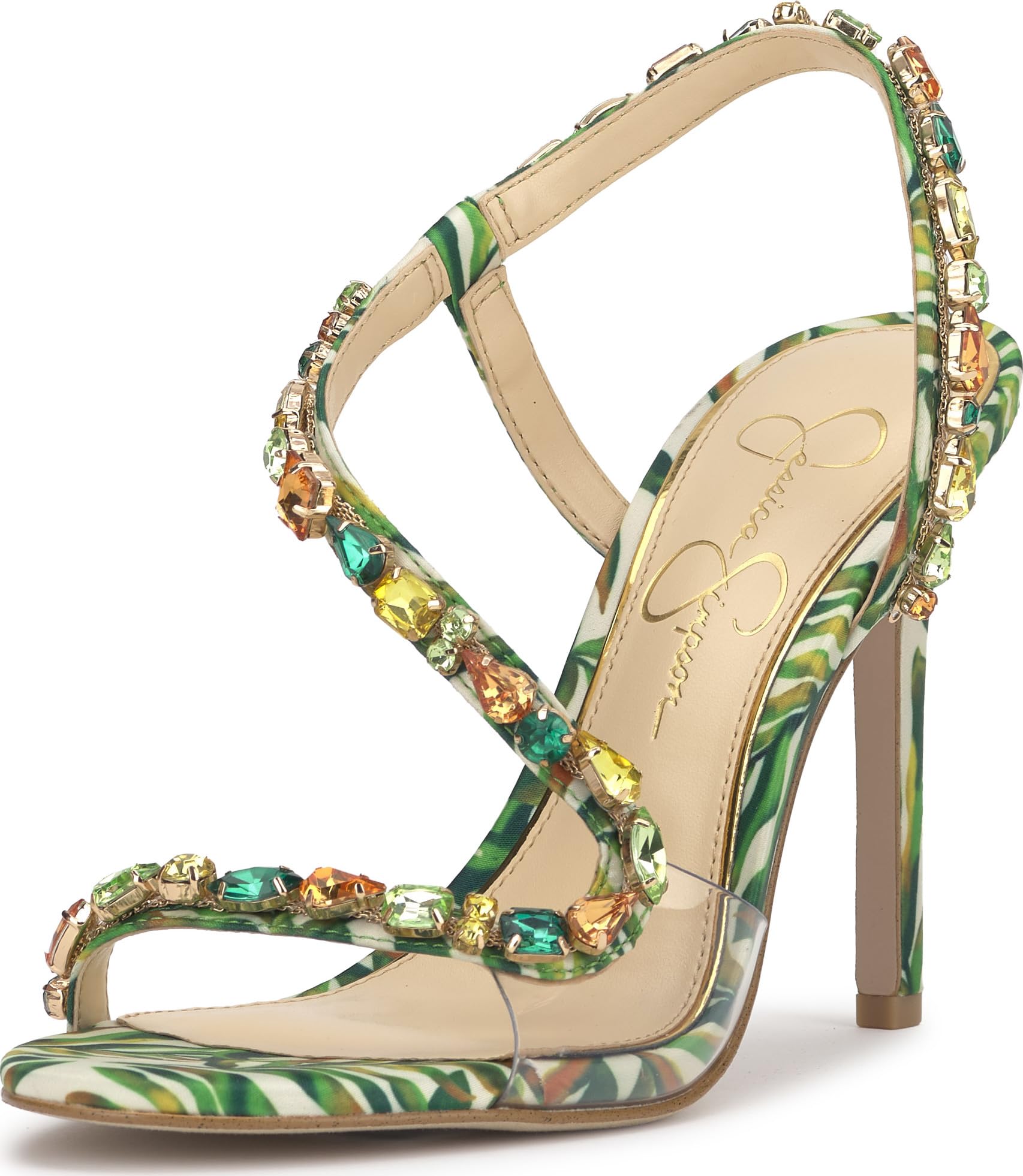 Photo 1 of Jessica Simpson Women's Jaycin Embellished Heeled Sandal, Green Multi Jungle Jacquard, 7