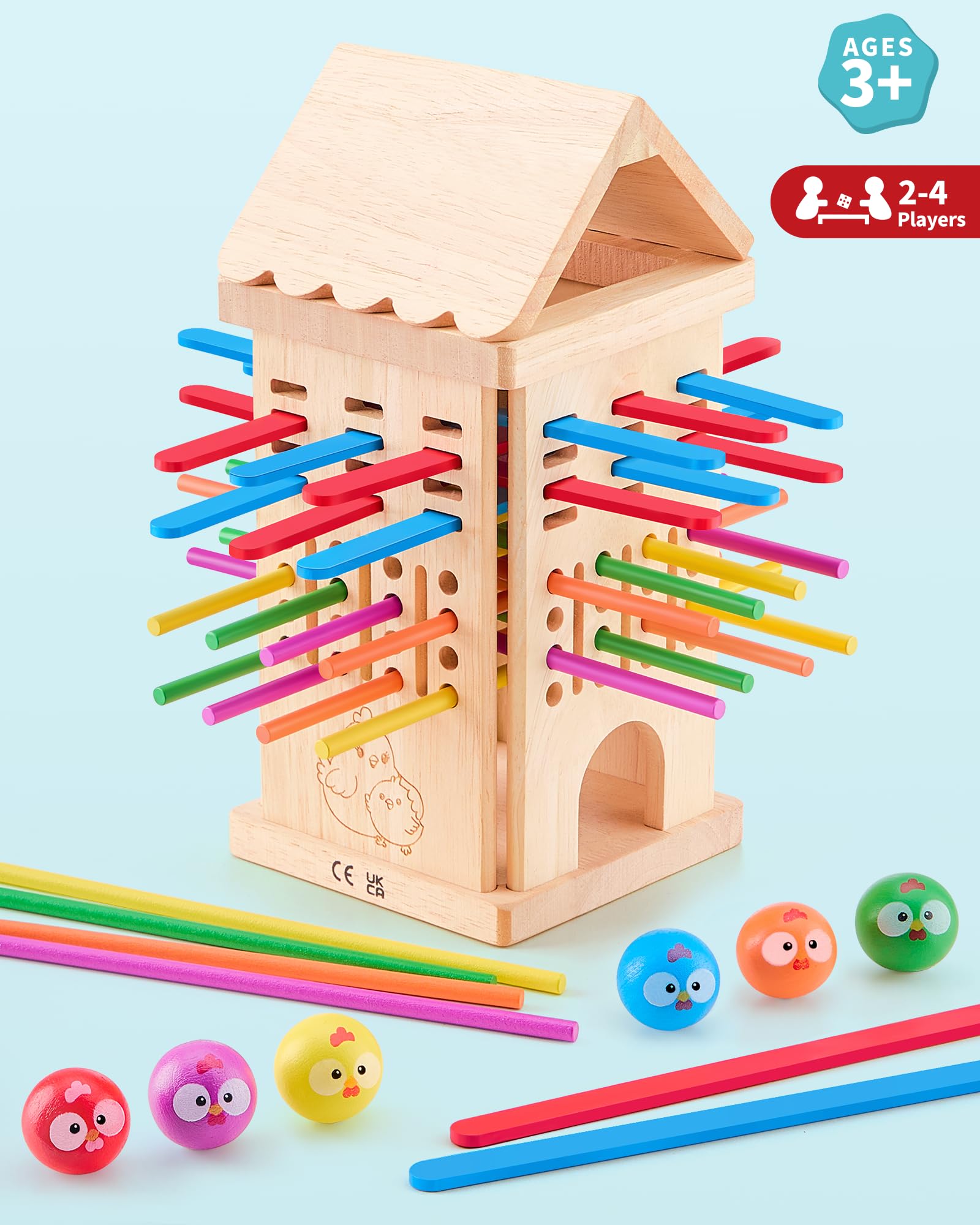 Montessori Spielzeug ab 3 4 5 6 Jahren - Brettspiele aus Holz, Kinder Lernspielzeug mit Bunten Stäbchen & Ball, Würfel Brettspiel für Motorik & Konzentration Geschenk für Mädchen Jungen 8