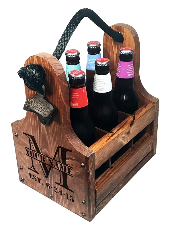 Personalized Wood Beer Caddy with Bottle Opener and