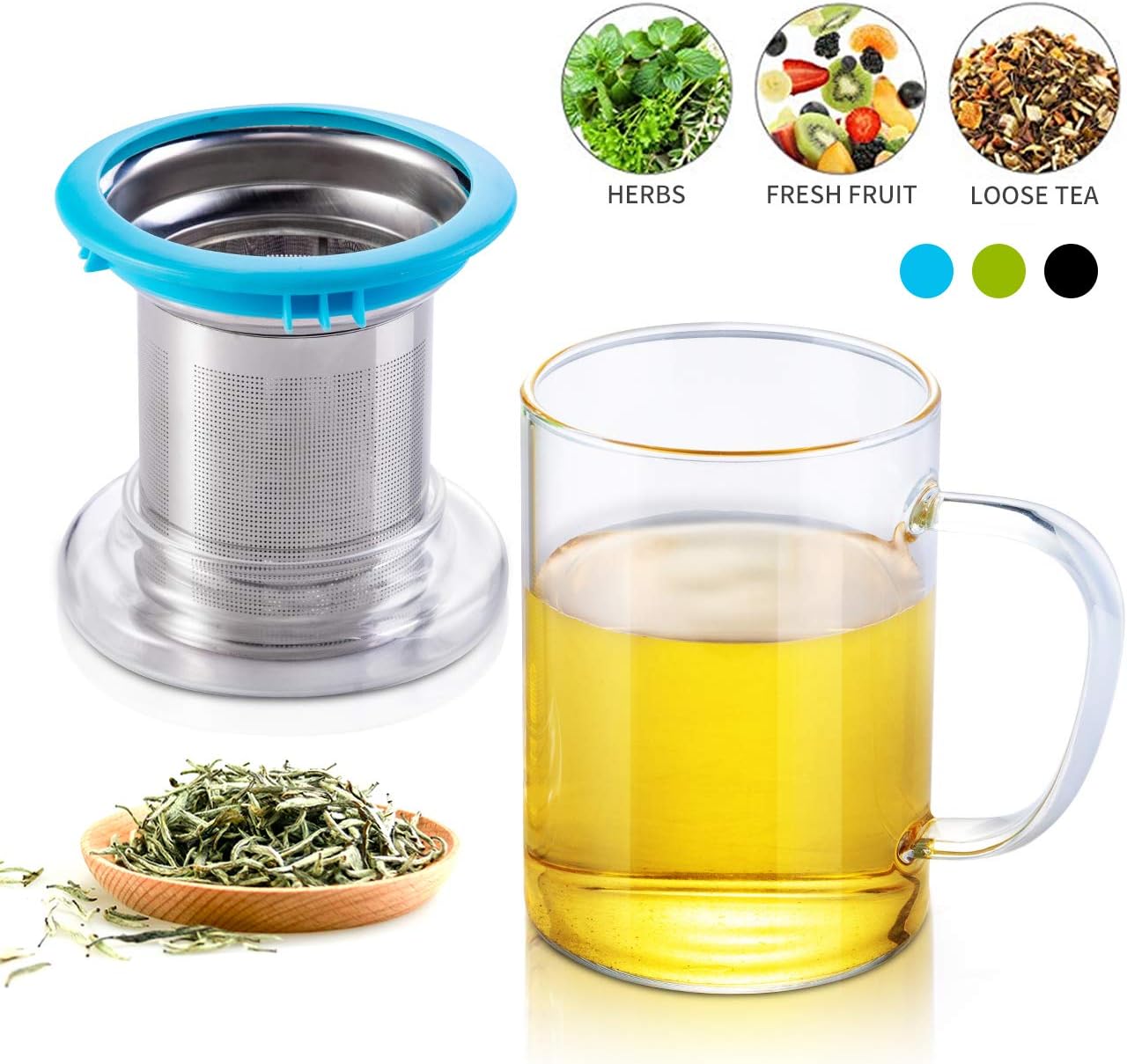 Ounce Blue Tomotime Clear Tea Mug with Infuser and Lid 13.5 Cups, Mugs