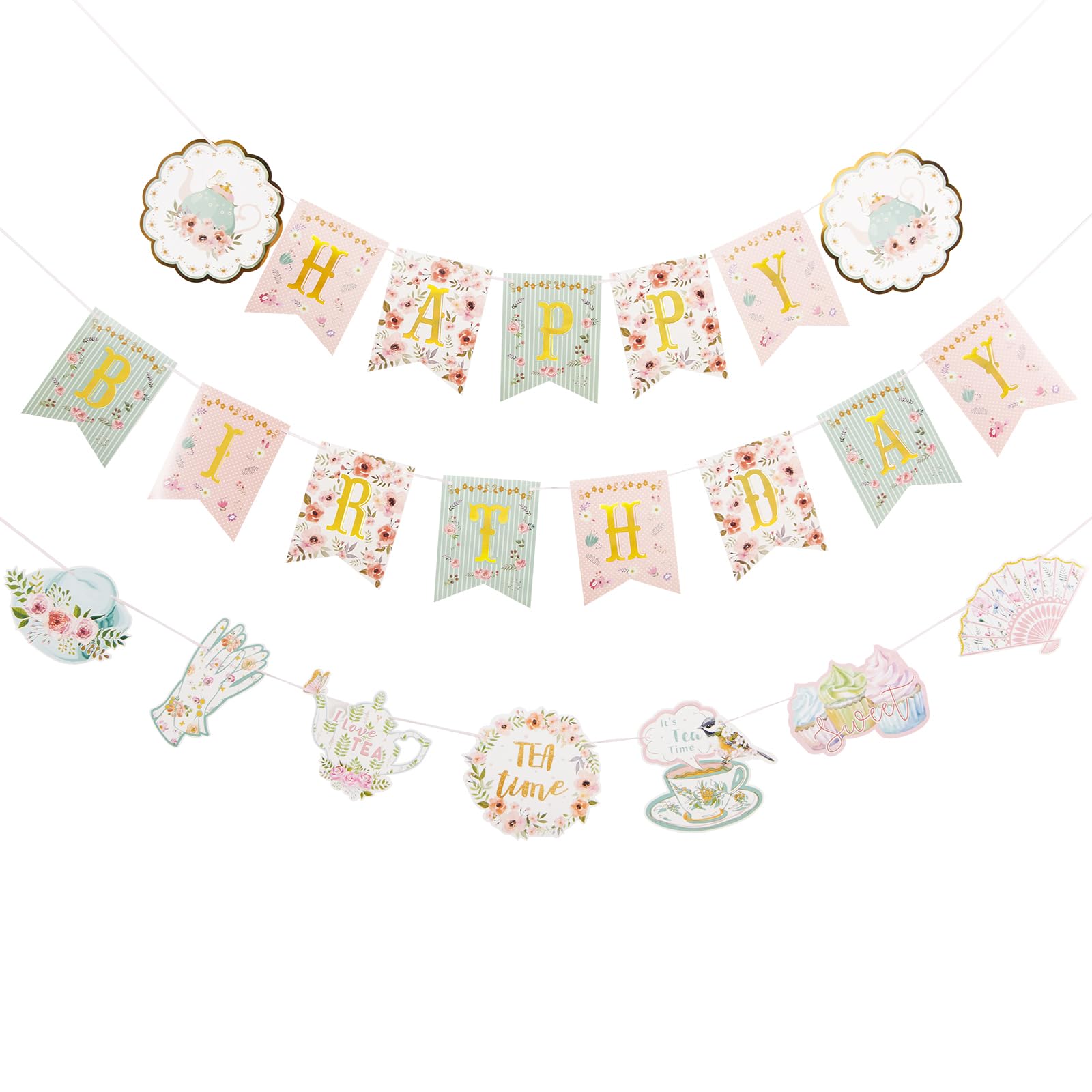 Photo 1 of SUNBEAUTY Floral Tea Party Birthday Decorations Tea Happy Birthday Banner Floral Garland Birthday Banner for Alice in Wonderland Tea Party Decorations Photo Booth Backdrop | Pre-Strung