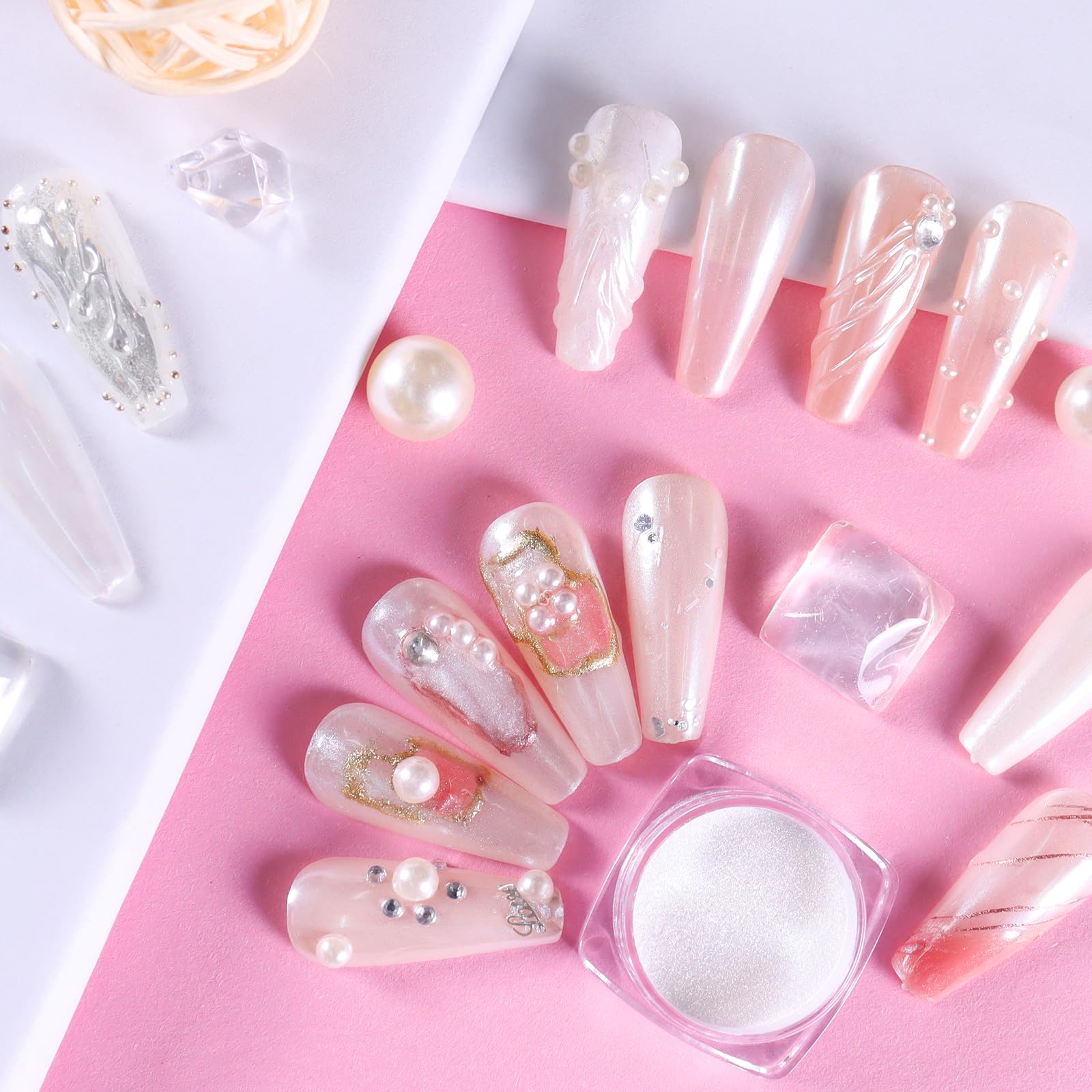 Allstarry White Pearl Chrome Nail Powder, Iridescent Aurora Powder Metallic Mirror Effect Glitter Powder Pearlescent Ice Transparent Mermaid Pigment Pearl Glitter Dust Kit for Nail Art Decoration - Image 6