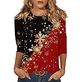 BTCOW Christmas Shirts for Women Holiday Round Neck Xmas Print Tops Loose Fit 3/4 Length Sleeve